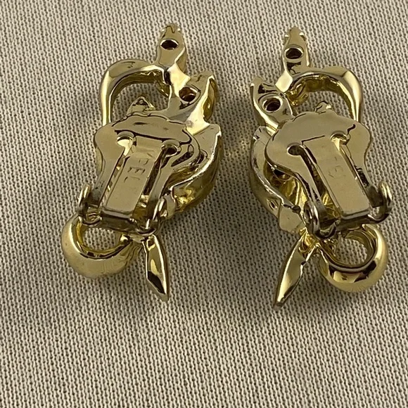 Vintage Pell gold tone clip earrings with rhinestones in Art Deco design - Picture 2 of 4